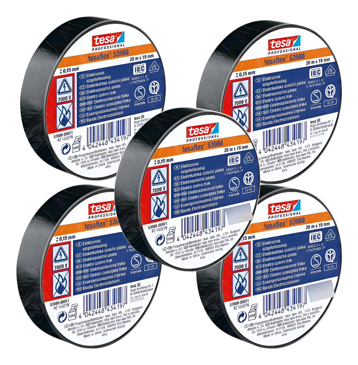 Pack 5 Cinta Aislante Profesional Negra 20m X 19mm