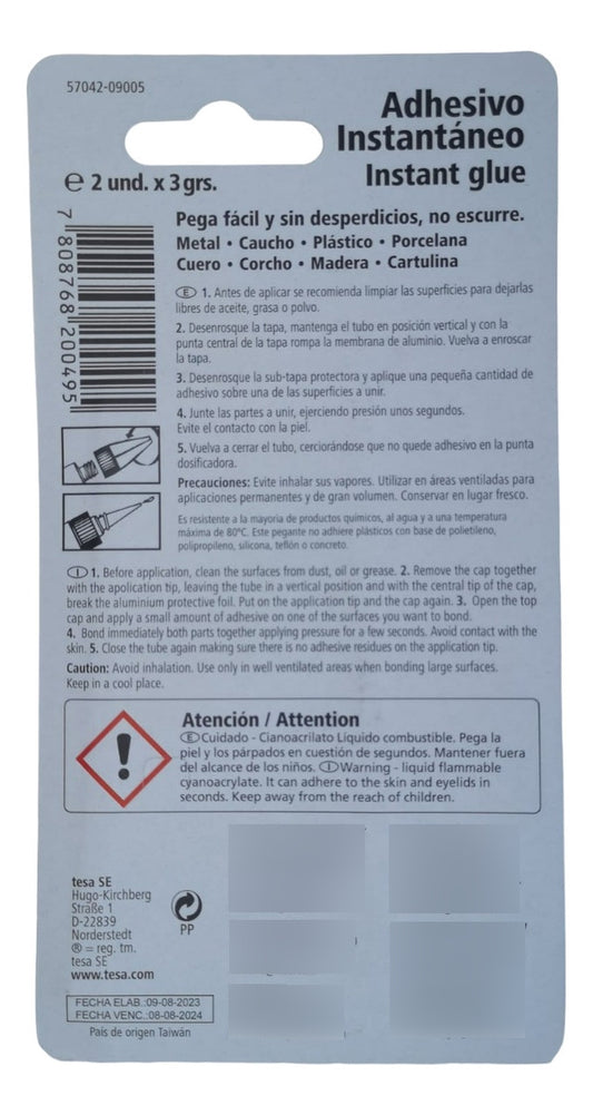 Gel Adhesivo Instantáneo 2 Unidades De 3gr Tesa
