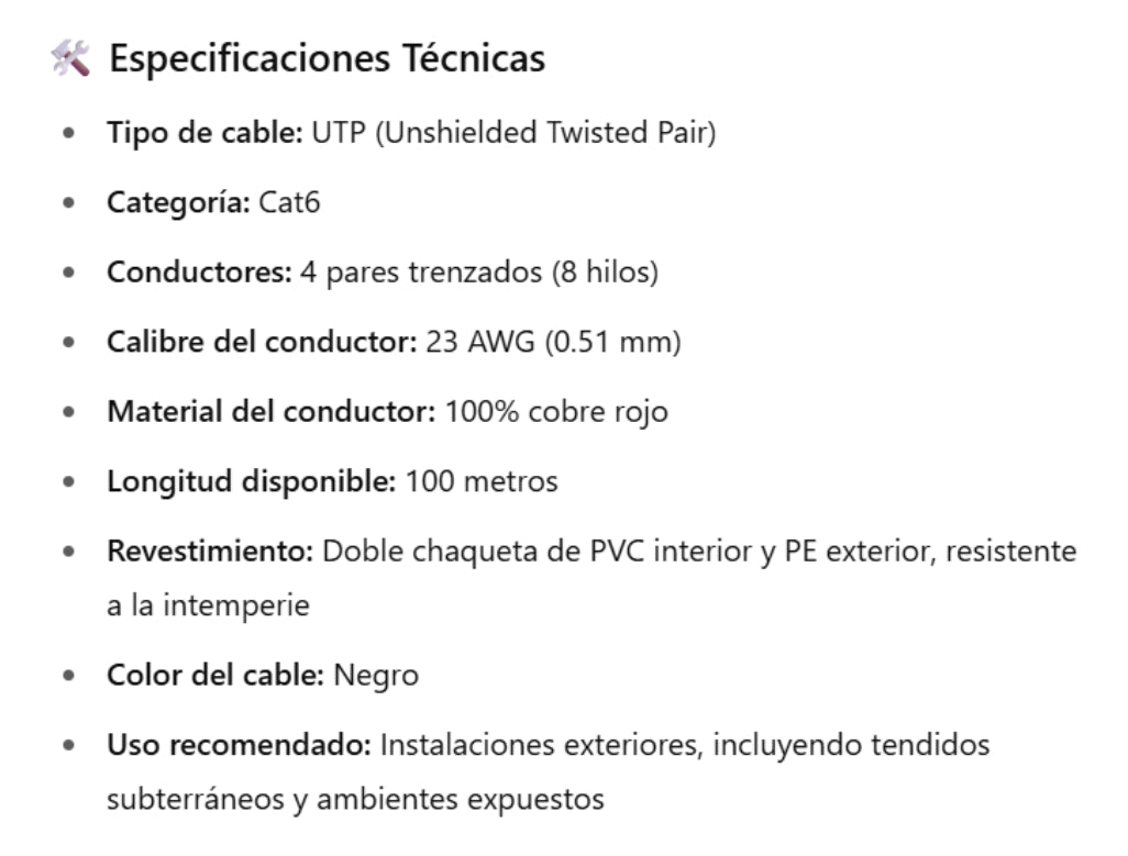 Cable Utp 100% Cobre Exterior Cat6 100mt Ulink 4x2x0.51mm