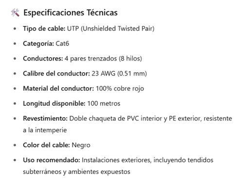 Cable Utp 100% Cobre Exterior Cat6 100mt Ulink 4x2x0.51mm