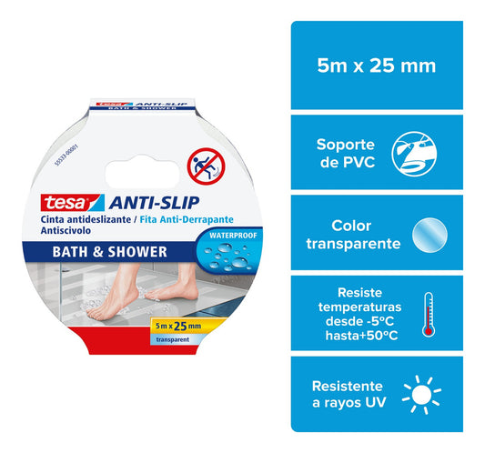 Cinta Antideslizante Baño Transparente 5mt X 25mm Tesa