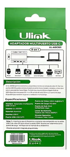 Hub Usb Tipo C Multipuerto 9 En 1 Rj45 Hdtv Sd Jack Usb 4k Gris Oscuro
