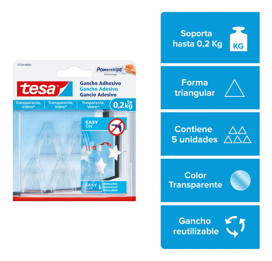 Pack 3 Blíster Gancho Removible Acrílico Vidrio 0,2 Kg Tesa