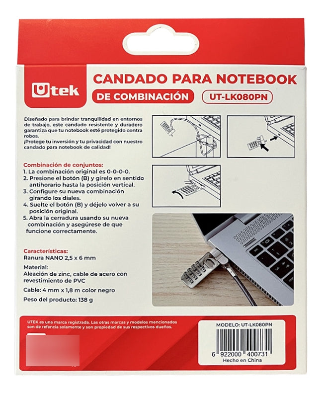 Candado Notebook Slot Nano Con Clave 1.8mt Cable 4mm Fuerte