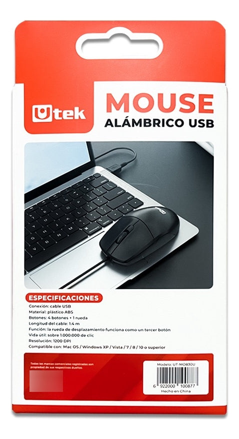 Mouse Alámbrico Usb 1200 Dpi Ut-mo830u