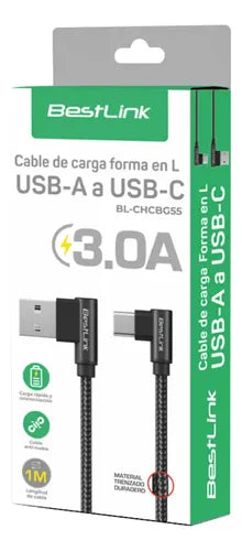 Cable Carga Rápida Usb-a A Usb-c 3.0a Trenzado En L Bestlink Negro