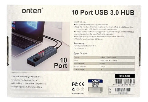 Hub 10 Puertos Usb 3.0 Con Switch Otn-5308 Onten Gris Oscuro