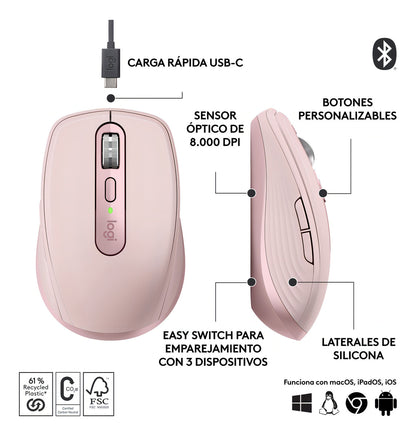 Mouse Inalámbrico Recargable Mx Anywhere 3s 8000 Dpi Rosa