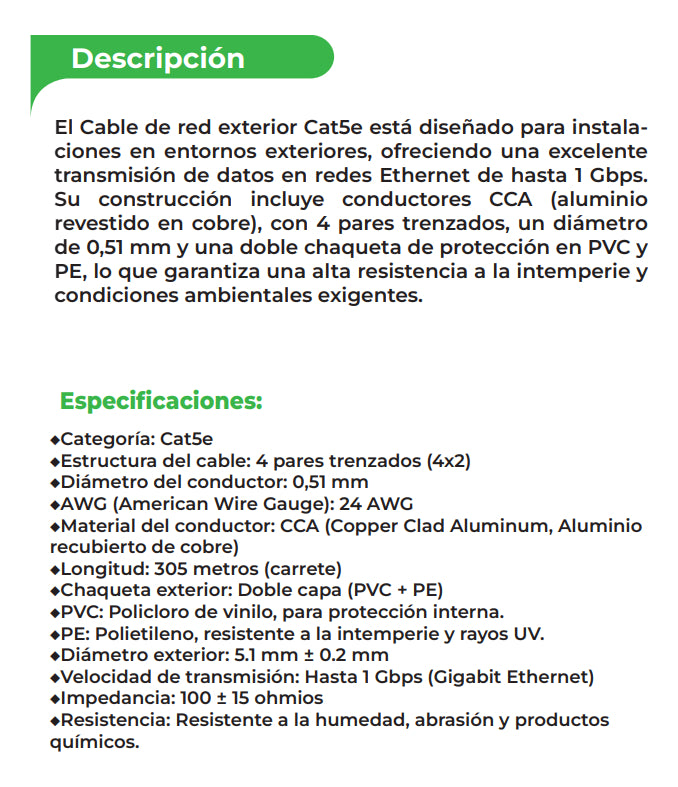 Cable Red Exterior Cat5e Doble Chaqueta Pvc 305 Metros Ulink