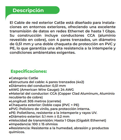 Cable Red Exterior Cat5e Doble Chaqueta Pvc 305 Metros Ulink