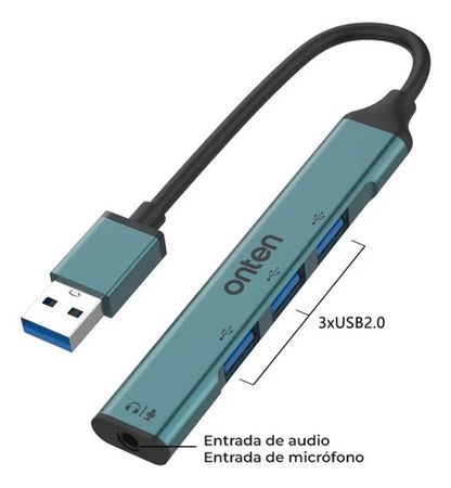 Adaptador Audio  4 En 1 Onten Usb 3 Puertos Usb 2.0 Jack 3.5 Azul Petróleo