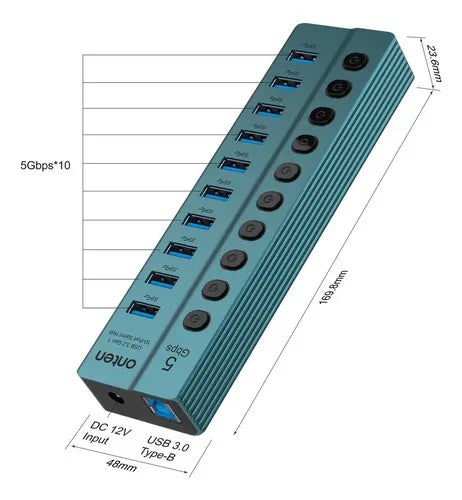 Hub 10 Puertos Usb 3.0 Con Switch Otn-5308 Onten Gris Oscuro