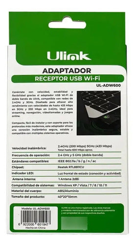 Adaptador Wifi Usb 600mbps Dual Band Ulink Ul-adw600