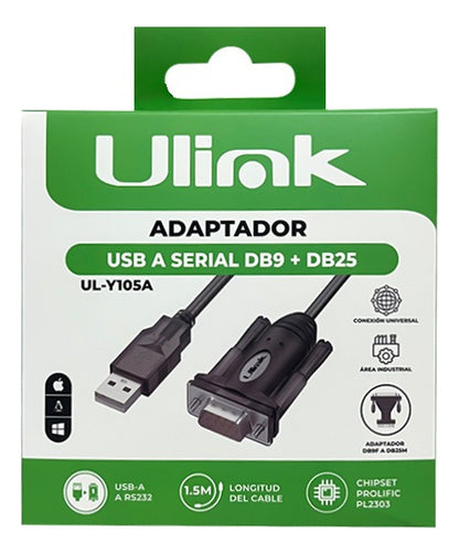 Adaptador Usb A Serial Db9 Db25 Chip Prolific 1.5mt Ulink