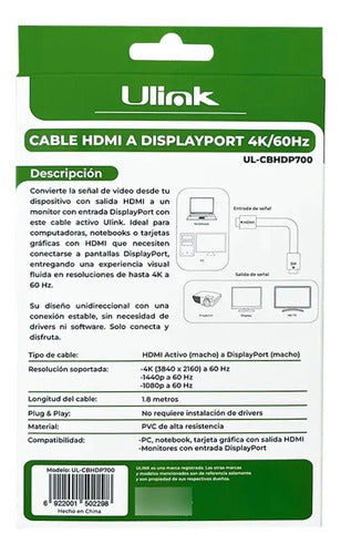 Cable Hdmi A Displayport 4k 60hz 1.8m Ul-cbhdp700 Negro