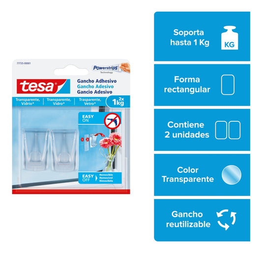 Pack X 2 Gancho Adhesivo Superficies Transparentes Tesa