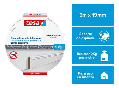 Cinta Doble Contacto Pared Yeso 10 Kg/m 5mx19mm Tesa Power Blanco Powerbond