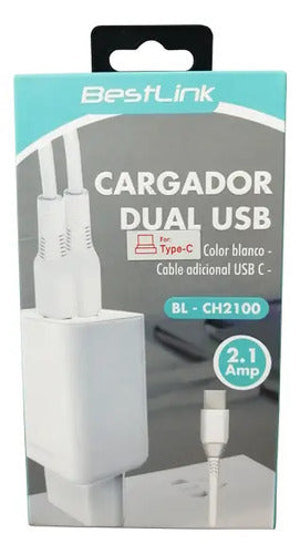Cargador Cable Dual Usb A Tipo C Usb C 2.1 Amp Certificado Blanco