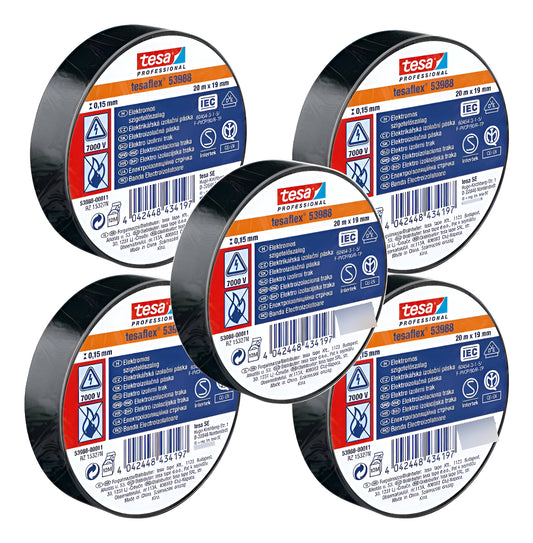Pack 5 Cinta Aislante Profesional Negra 20m X 19mm