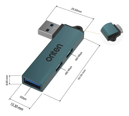 Hub Usb 2.0 A 2 Usb C Y Usb 3.0 Otn-us52s Onten Azul Petróleo