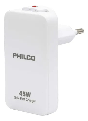 Cargador Pared Rápido Ultra Plano Tipo C + Usb 45w Philco Blanco