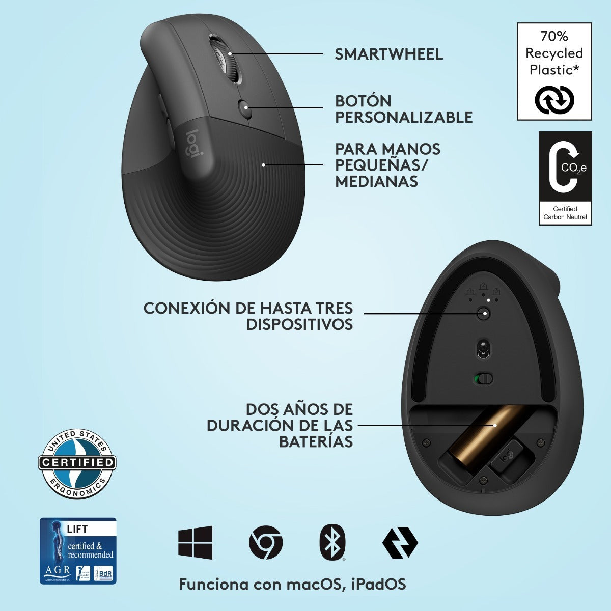 Mouse Vertical Bluetooth Ergonomico Diestro Logitech Grafito