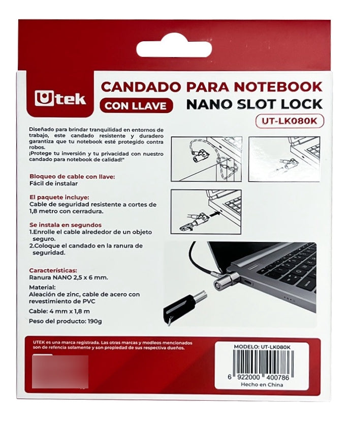 Candado Notebook Slot Nano Con Llave 1,8m Ut-lk080k Utek