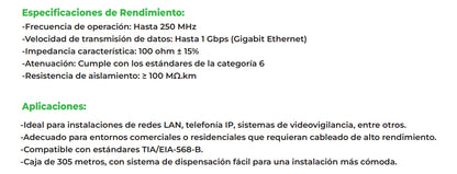 Cable Red Cat6 Utp 23 Awg Cca Caja 305 Mts 4x2x0.52mm Ulink