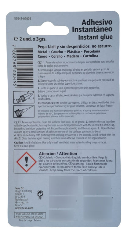 Gel Adhesivo Instantáneo 2 Unidades De 3gr Tesa