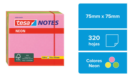 Notas Adhesivas Taco 75 X 75 Neón 4 Colores 320 Hojas Tesa