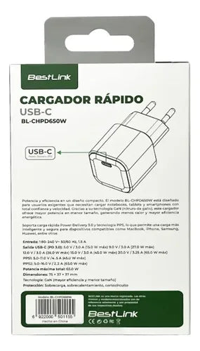 Cargador Carga Rapida 65w Usb C Para Android iPhone Blanco