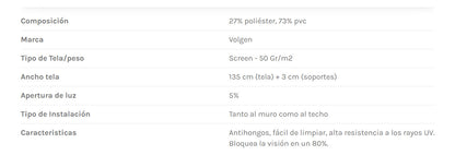 Cortina Roller Sun Screen 1,35x2,5mts Calidad Premium Volgen