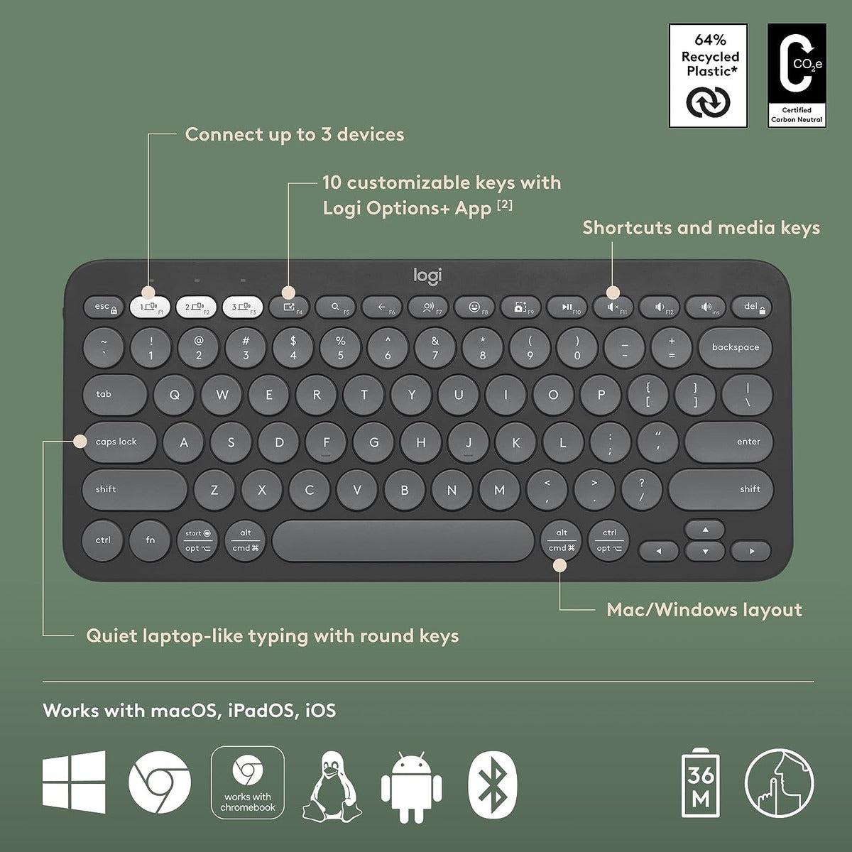 Teclado Bluetooth Compacto Pebble Keys 2 K380s Grafito