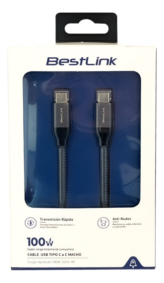 Cable Usb Tipo C Carga Rápida 100w 20gb 4k Anti Nudos 120cm