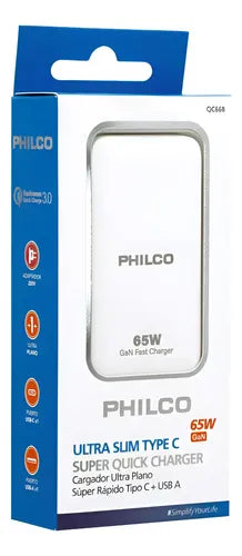 Cargador Super Rápido Pared Plano Tipo C Usb A 65w Philco Blanco