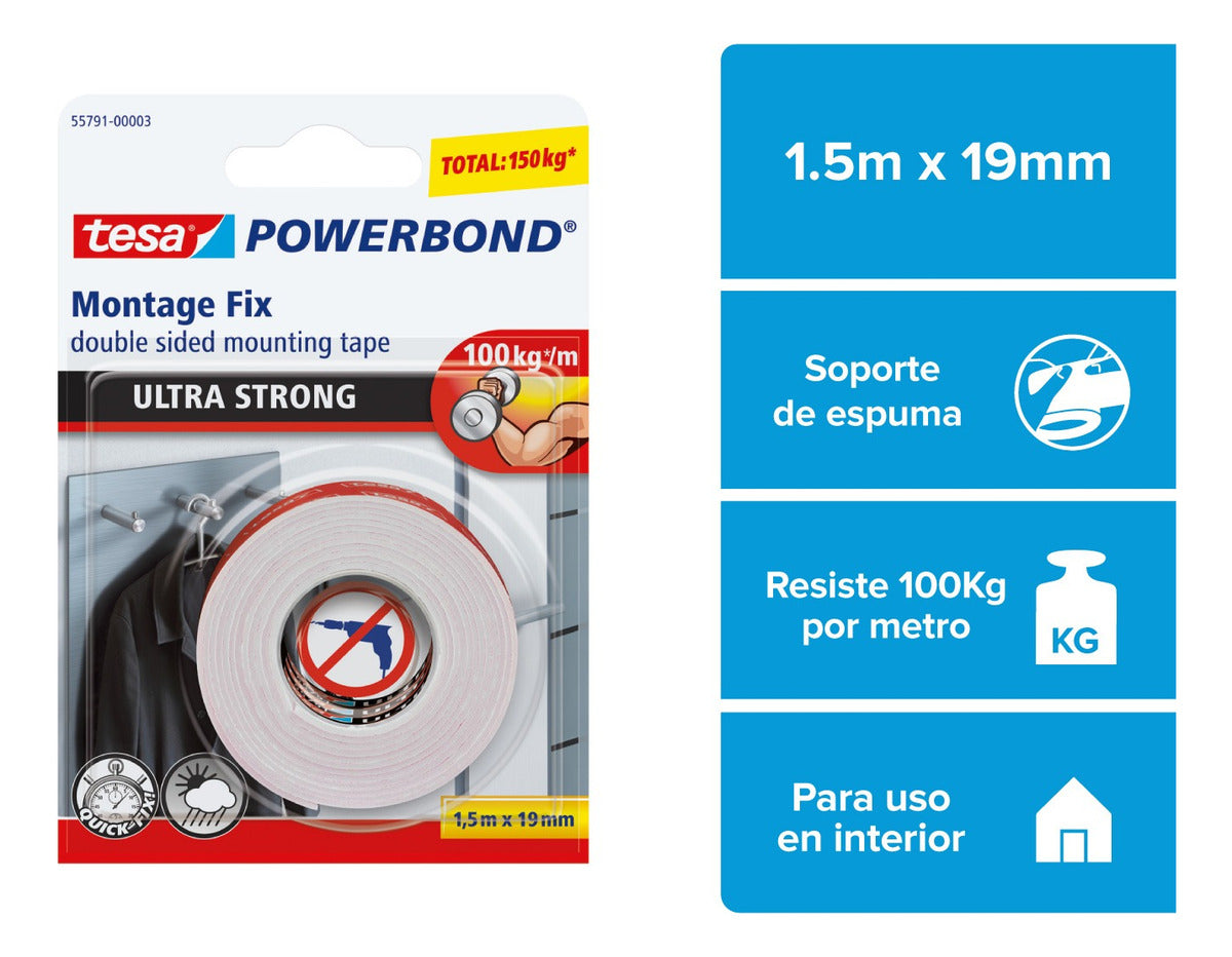Cinta Doble Contacto Montaje 1,5mt X 19mm Ultra Fuerte Tesa