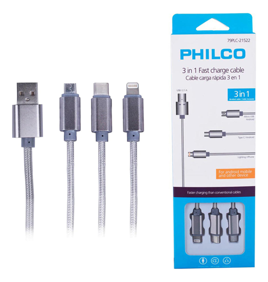 Cable Carga Rápida 3 En 1 Micro Usb iPhone Tipo C Philco