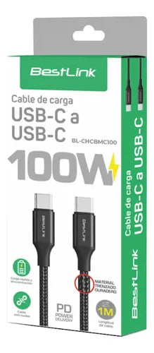 Cable Carga Rápida Usb-c A Usb-c 100w 1m Trenzado Resistente Negro