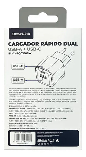 Cargador Pared 35w Dual Usb A Usb C Quick Charge 3.0 Blanco