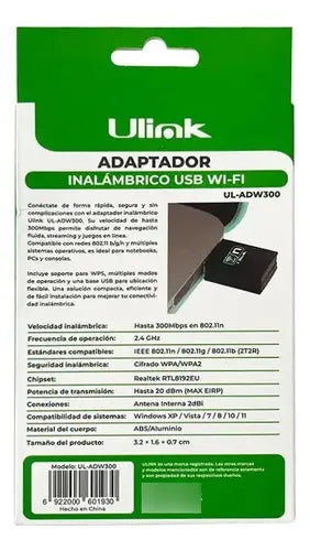 Adaptador Wifi Usb 300mbps Antena Pc Ul-adw300 2.4ghz