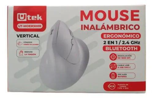 Mouse Ergonómico Inalámbrico Bluetooth Utek Para Oficina En Blanco