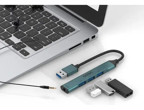 Adaptador Audio  4 En 1 Onten Usb 3 Puertos Usb 2.0 Jack 3.5 Azul Petróleo