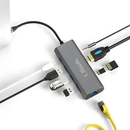 Hub Usb Tipo C Multipuerto 9 En 1 Rj45 Hdtv Sd Jack Usb 4k Gris Oscuro