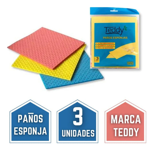Paños Esponja Absorbente Aseo Teddy 18x20cm Pack3 Unid