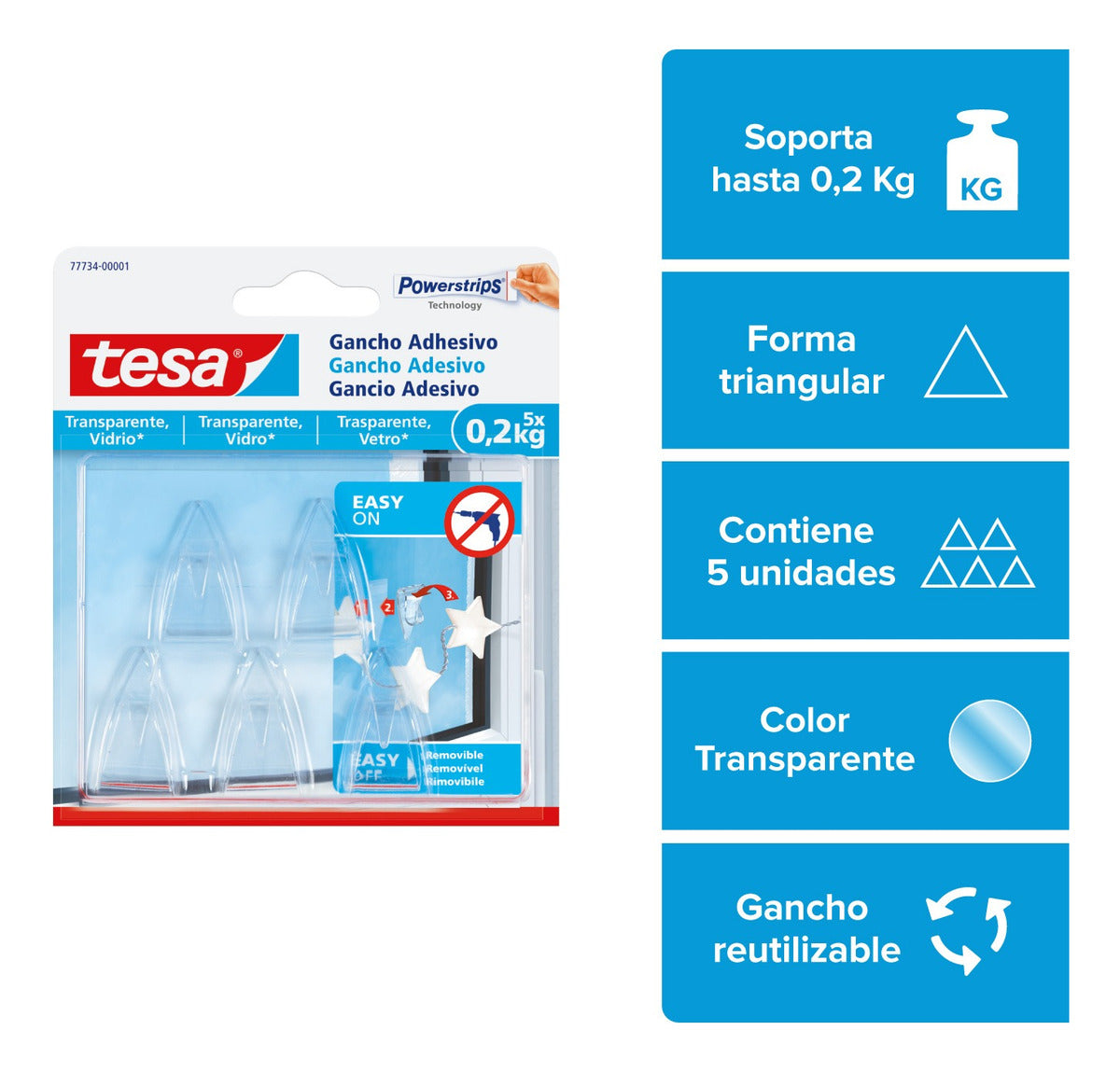 Pack 3 Blíster Gancho Removible Acrílico Vidrio 0,2 Kg Tesa