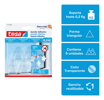 Pack 3 Blíster Gancho Removible Acrílico Vidrio 0,2 Kg Tesa
