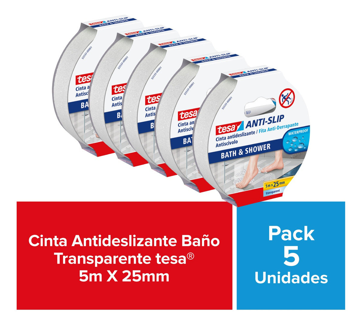 Cinta Antideslizante Baño Transparente 5mt X 25mm Tesa