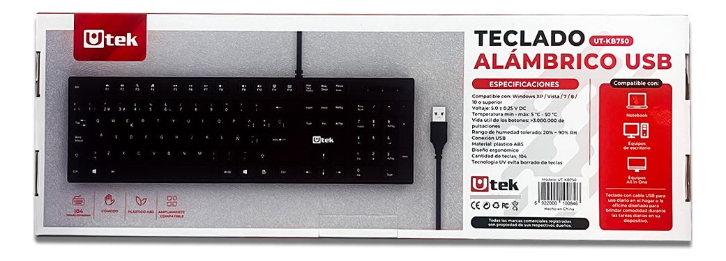 Teclado Alámbrico Usb Multimedia Teclas Slim Ut-kb750