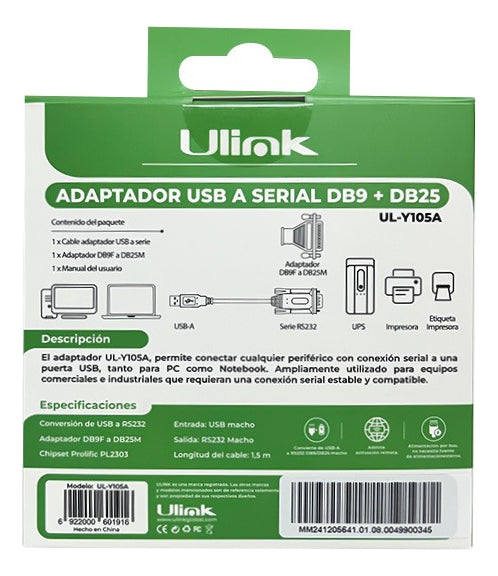 Adaptador Usb A Serial Db9 Db25 Chip Prolific 1.5mt Ulink