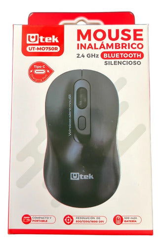 Mouse Inalámbrico Recargable Usb C Bluetooth Silencioso Utek Negro